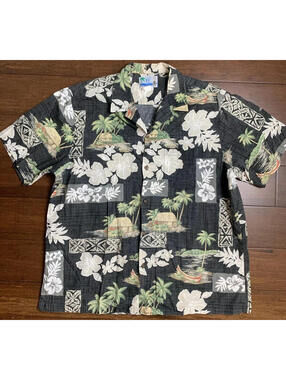 Vintage RJC Palm Tree Beach Hut  Button Front Hawaiian Shirt Adult Size Size XL